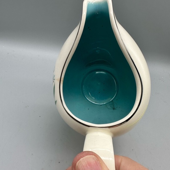 Elegant Cream and Teal Floral Ceramic Pitcher - Picture 4 of 8